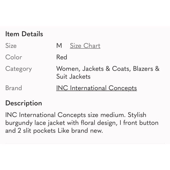 INC INTERNATIONAL CONCEPTS | burgundy lace jacket M - Picture 6 of 6